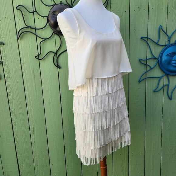 Y2K American Eagle Outfitters Boho Flapper Cream Fringe Mini Dress - Picture 3 of 5